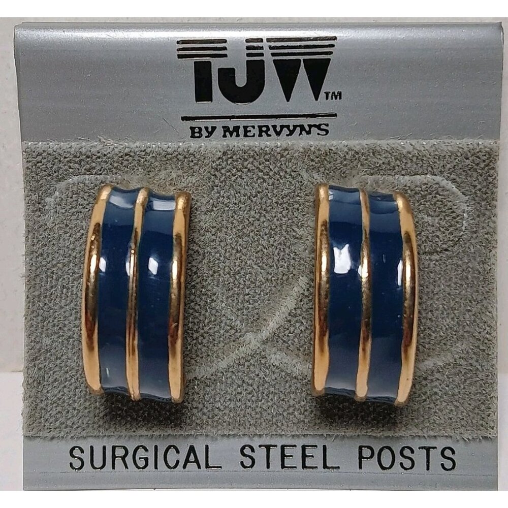 VTG TJW Pierced Earrings Blue Enameled Gold Tone Half Hoop Mervyns California